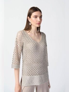 V-Neck Open Knit Metallic Trim Sweater - Beige by Joseph Ribkoff. Size M